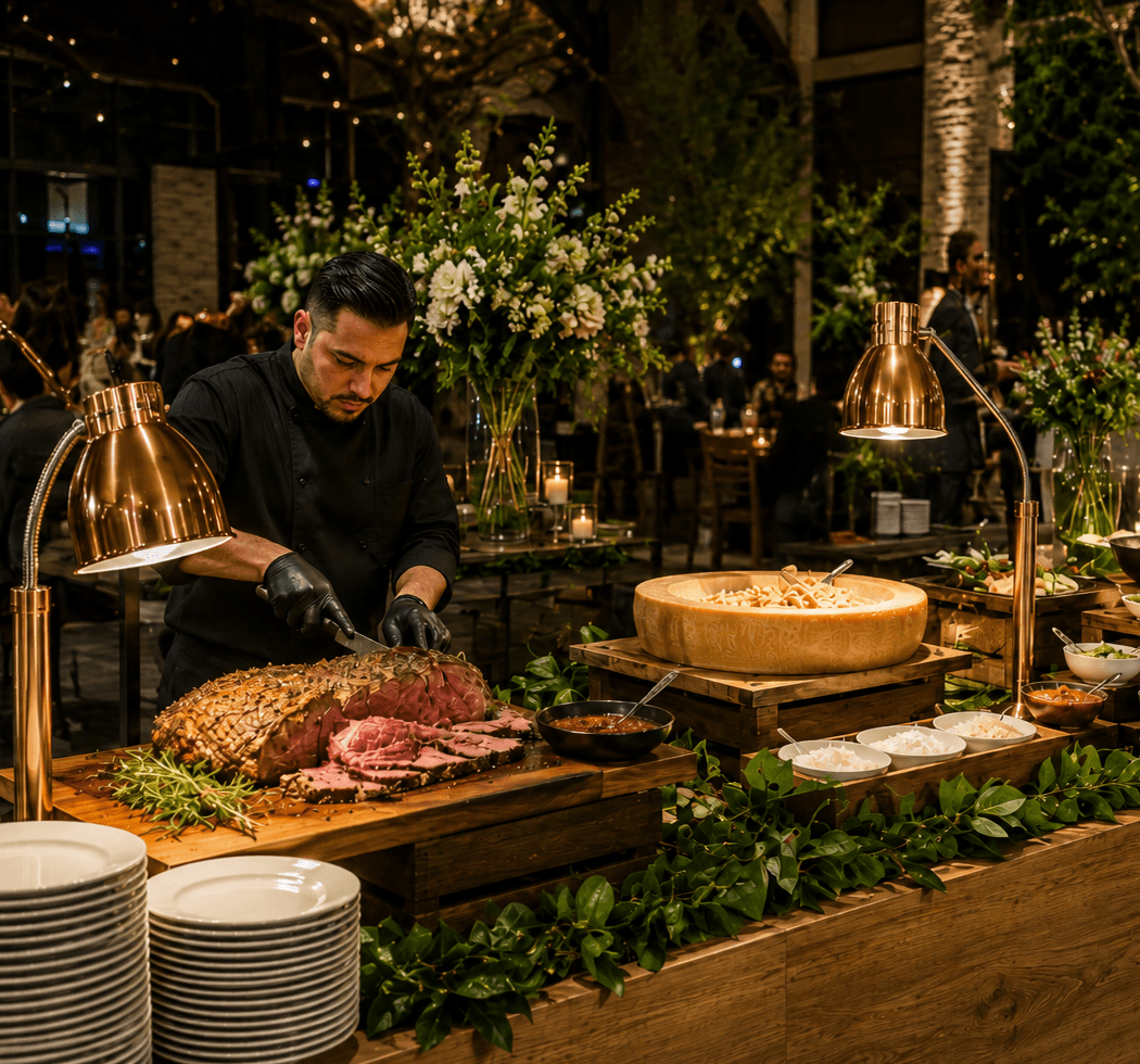 Guests choosing dishes at a catered gathering