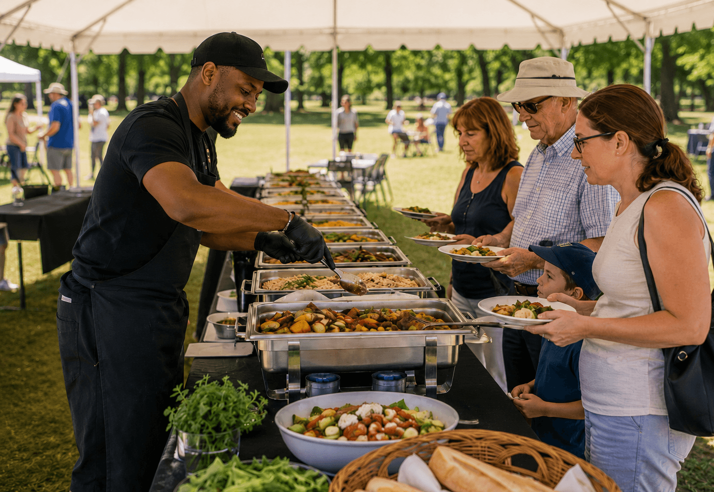 Catered reception with guests gathered around food
