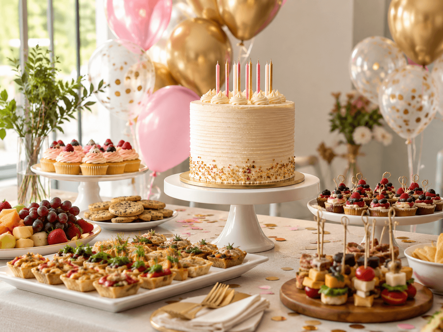 Celebration table with cake and party food