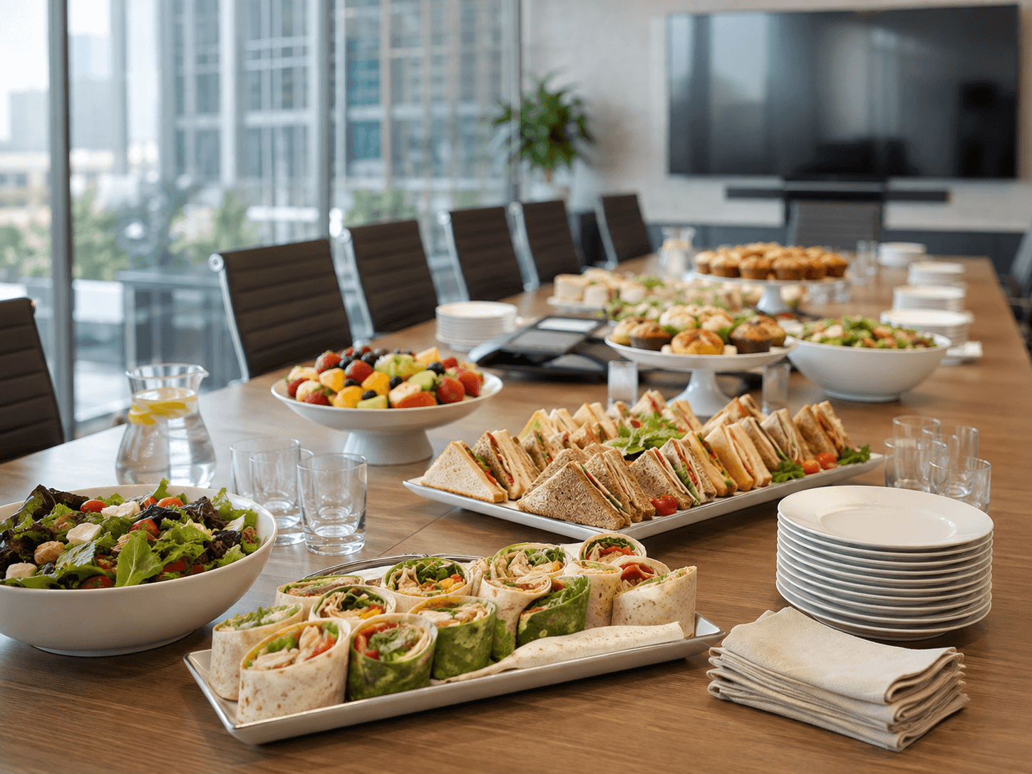 Corporate catered lunch laid out for an office meeting