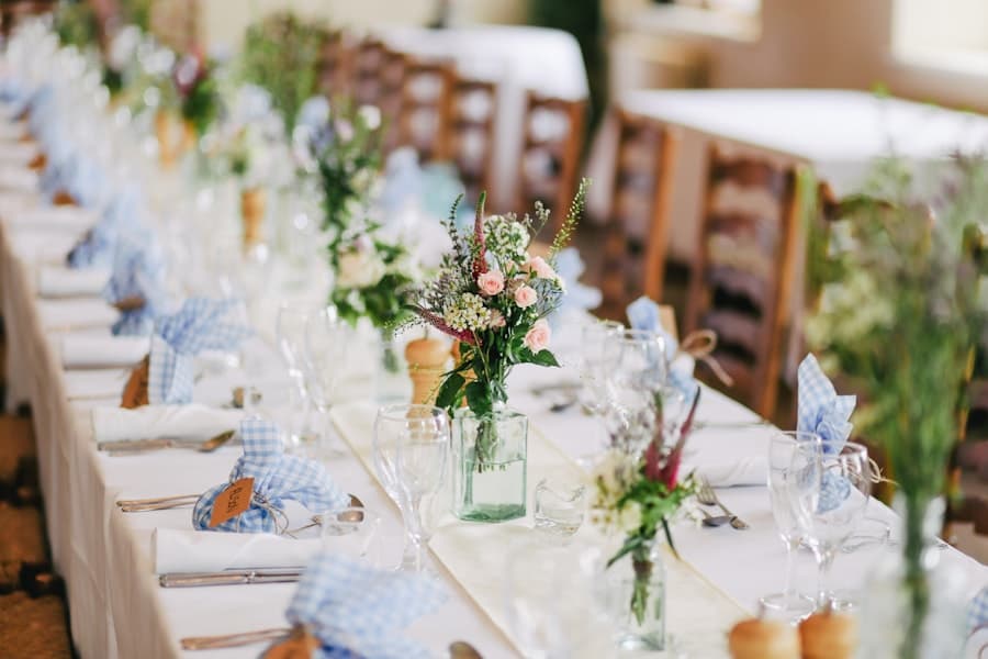 Wedding reception tables set for a catered dinner
